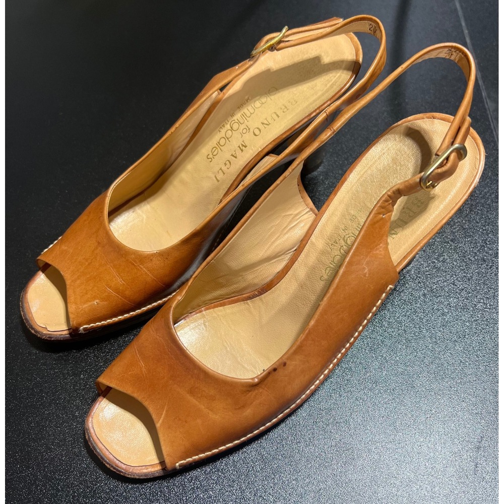 Bruno Magli for Bloomingdales Tan Leather Peep Toe Slingback Heels Italy 6.5 B